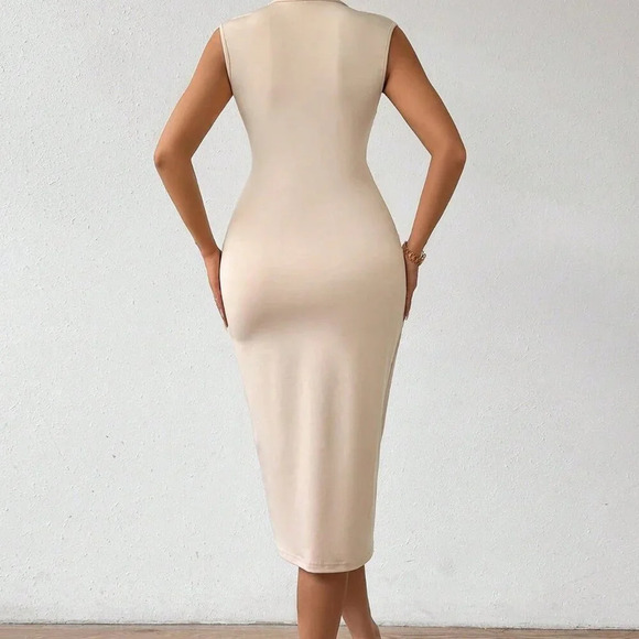 Apricot Elegant Women's Plain Fold V-Neck Tight Fit Stretchy Sleeveless Dress - Picture 3 of 8